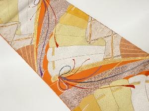 檜扇に草花模様織出し袋帯